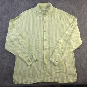Tommy Bahama Shirt Large Green Vertical Striped 100% Linen Long Sleeve Button Up